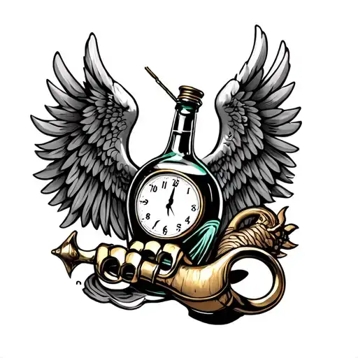 Wings With Brass Knuckles And Clock And Liquor Bottle And Horn