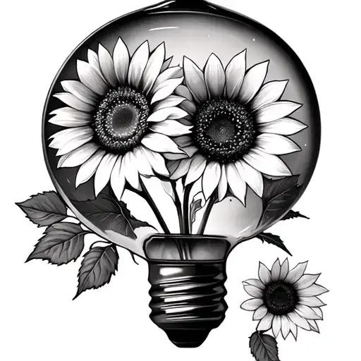Broken Lightbulb With Three Sunflowers Growing Out Tattoo With Glass Pieces