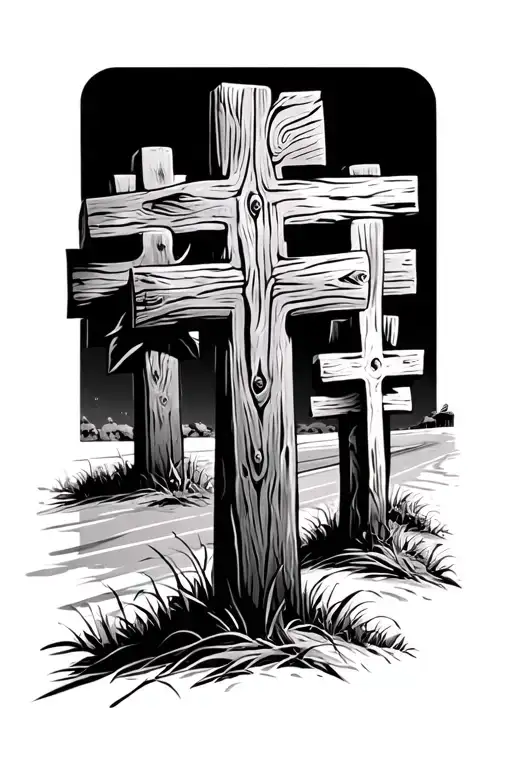 Three Wooden Crosses On The Right Side Of The Highway With Realistic Look In Black And Grey Ink