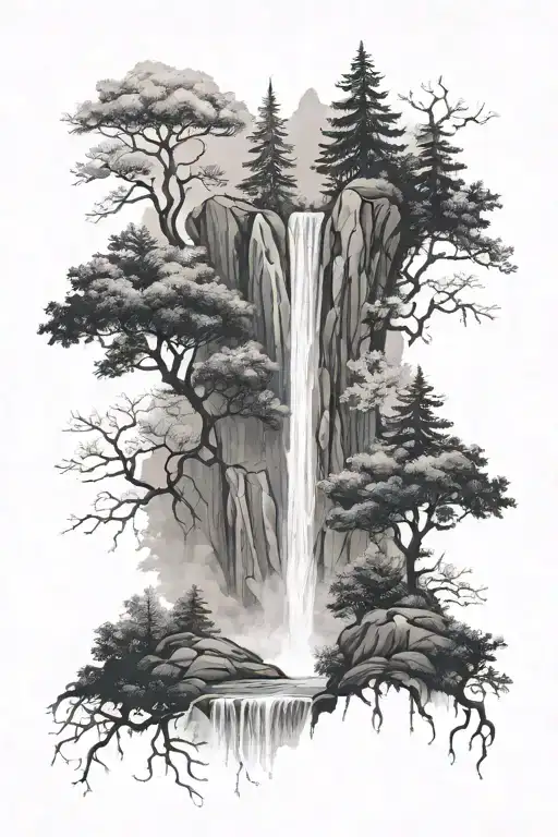 Foggy Waterfall Surrounded By Trees