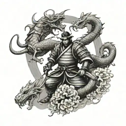 Samurai And Dragon Symobilzing Strenght With Three Flower Symbolises My Brothers