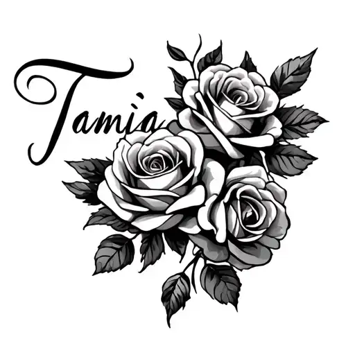 Tamia Written In Cursive Surrounded By Roses On Arm