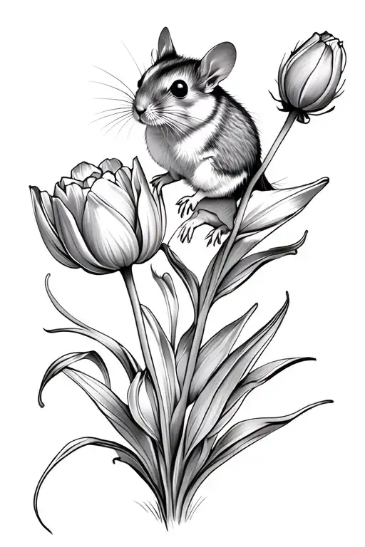 Harvest Mouse On A Tulip Flower