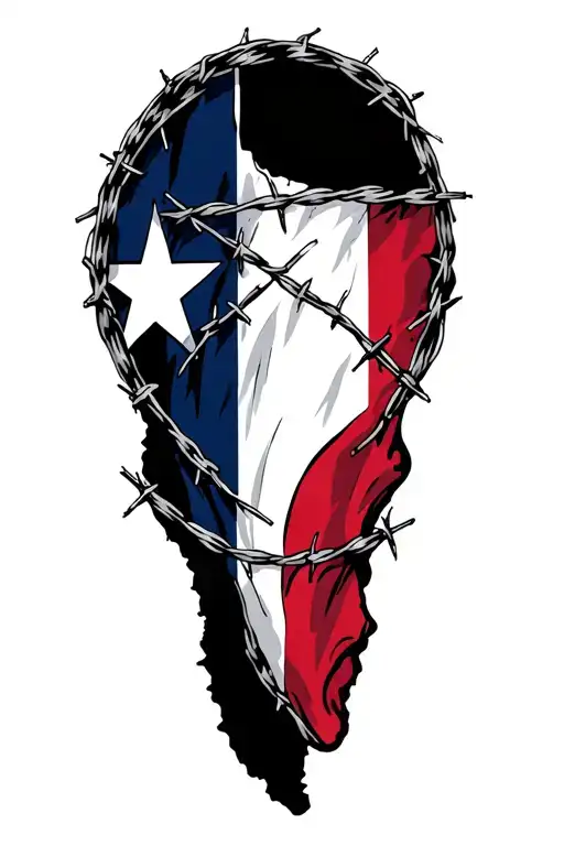 Texas Shape With Barbed Wire Wraped Around A Texas Flag