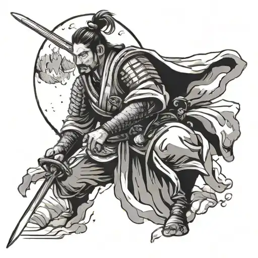 On A Mountain Three Swords User Samurai Looking At Moon Holding One Of His Sword