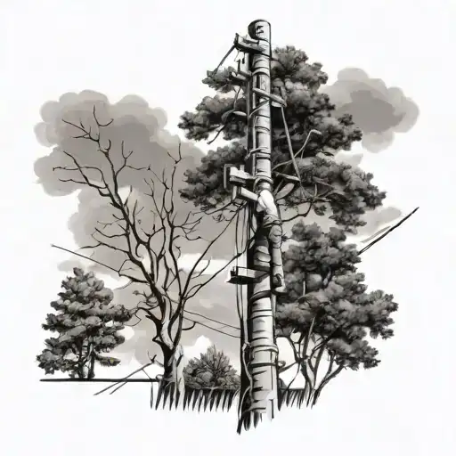 Lineman Working On Pole In Rural Area With Trees Around