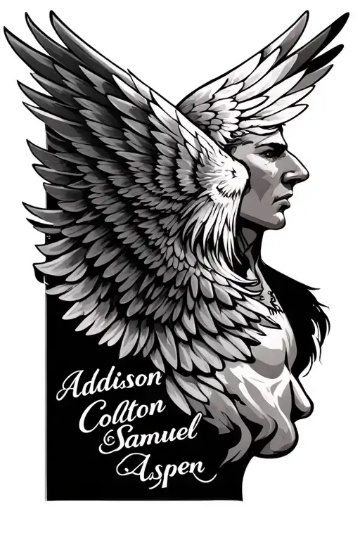 Masculine Shoulder Tattoo With The Names Addison Colton Samuel Nala And The Name Aspen With Wings