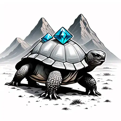 Desert Tortoise Walking Through Mountains With Blue Diamond On Its Back