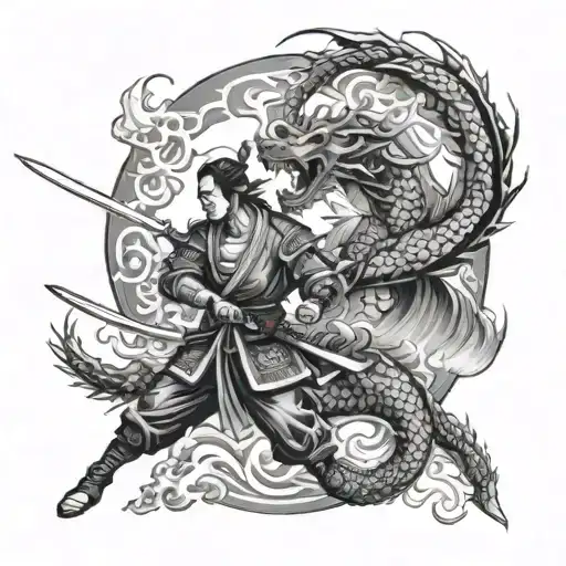 Samurai And Dragon Breathing Fire