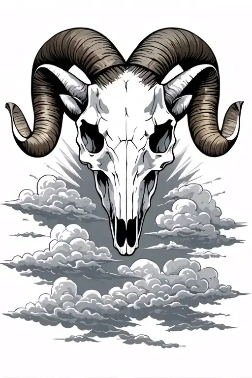 A Ram Skull With Clouds In The Background Sun Shining Through Them 1981 - 2022 In Ths Clouds
