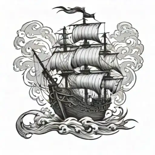 Pirate Ship With Sails Raised On The Shin