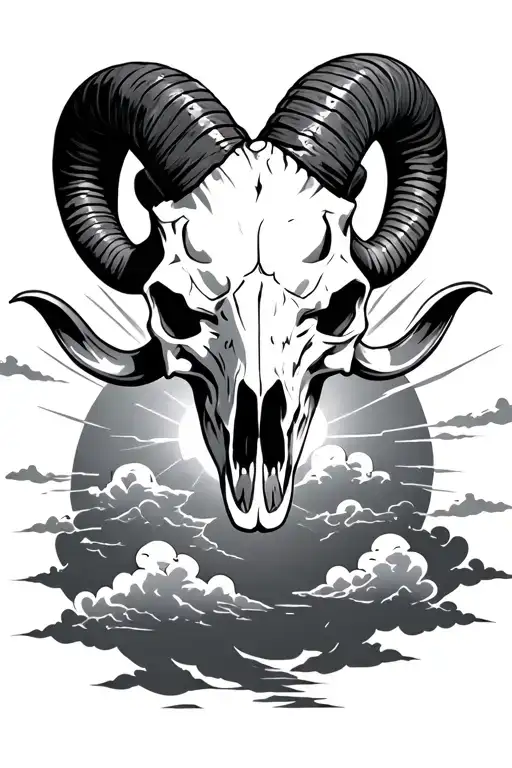 A Ram Skull With Bright Clouds In The Background With The Sun Shining Through
