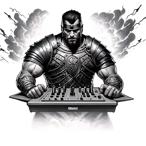 Gladiator With Big Storm Behind Him And Mixing Console