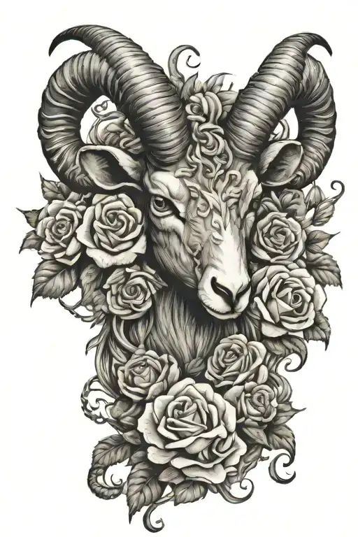 Half Ram Head Surrounded By Honeysuckle And Roses Intertwined And Blooming