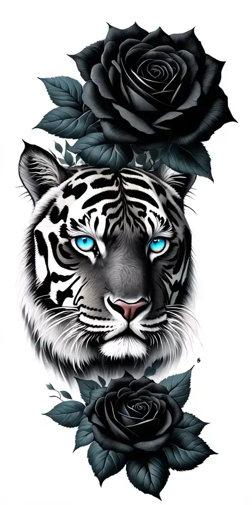 Tiger Face Eyes In Blue With Black Roses Around It