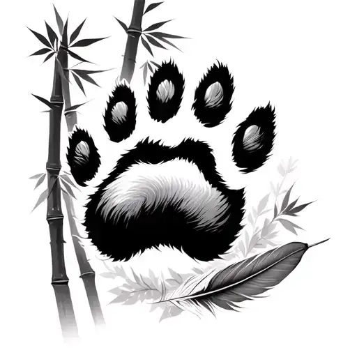 A Panda Paw Print With A Feather With Some Bamboo In The Background