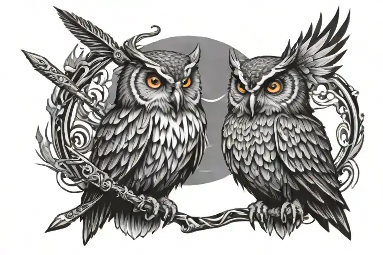 Spear And Torch Crossed Behind One Owl