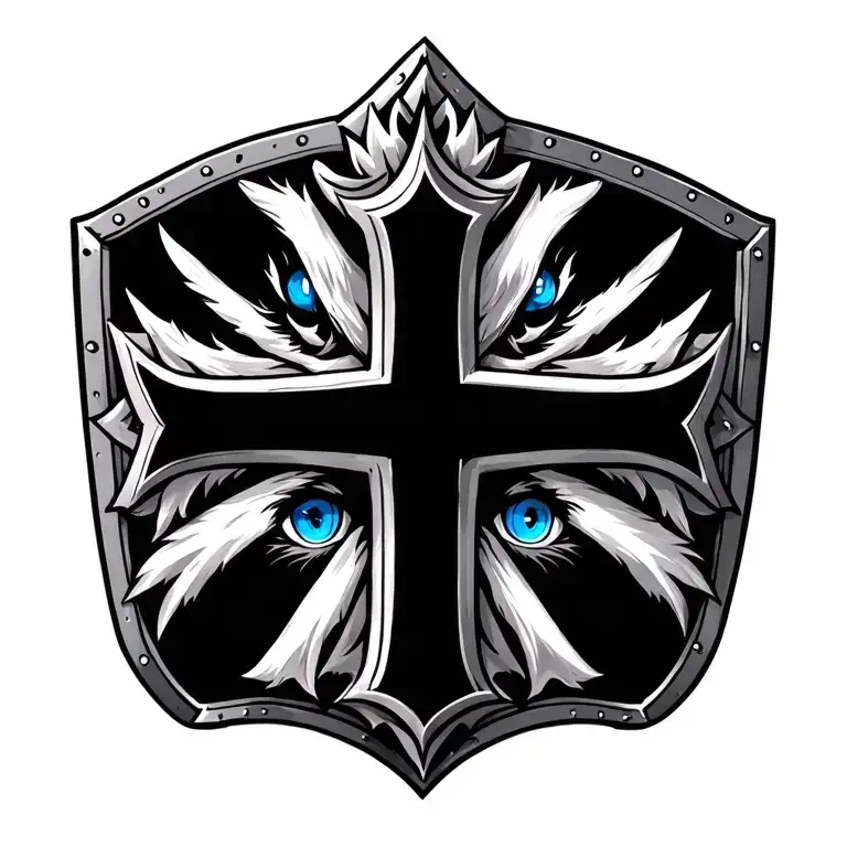 Wolf With Blue Eyes On Shield Templar Cross