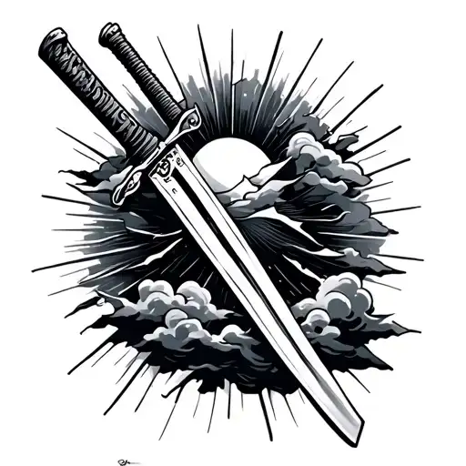 Katana Broken Surrounded By Clouds With Rays