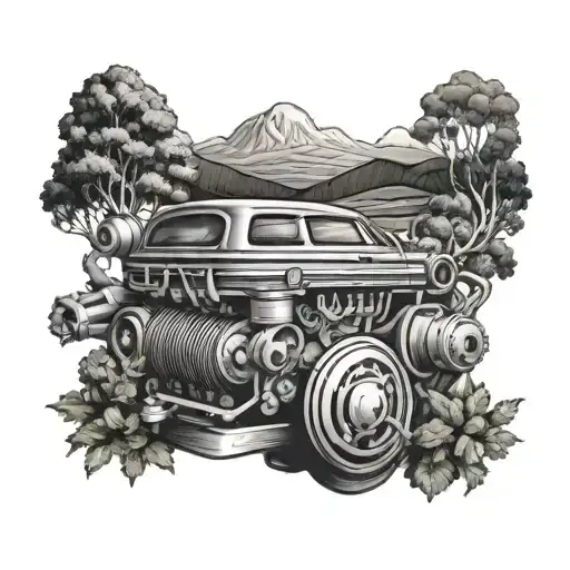 A Car Engine Morphing Into A Countryside Scene With Rolling Hills And Trees