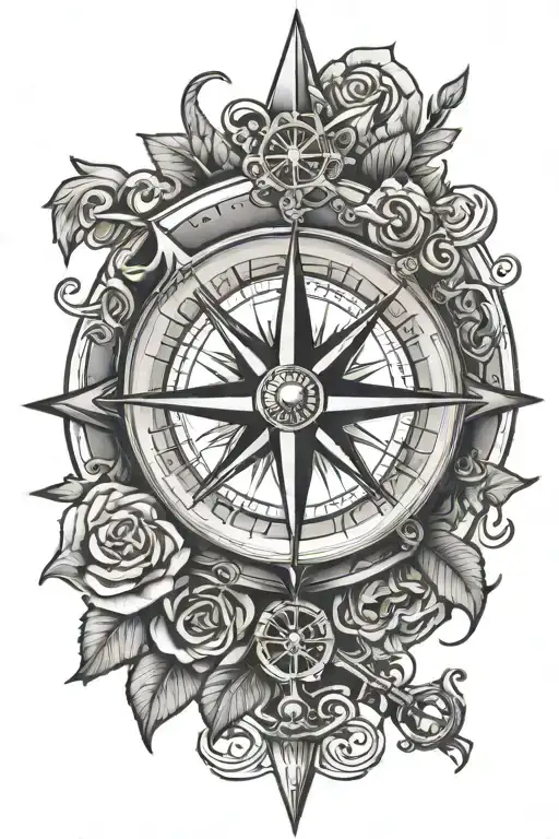 Tattoo Representing A Compass Rose And A Dagger