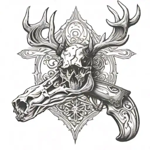 Whitetail Deer Skull With A Person Hunting With A Gun