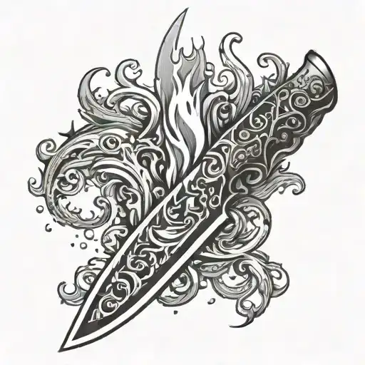 A Knife With Flames On The Non-cutting Side Of The Blade With A Realistic Effect