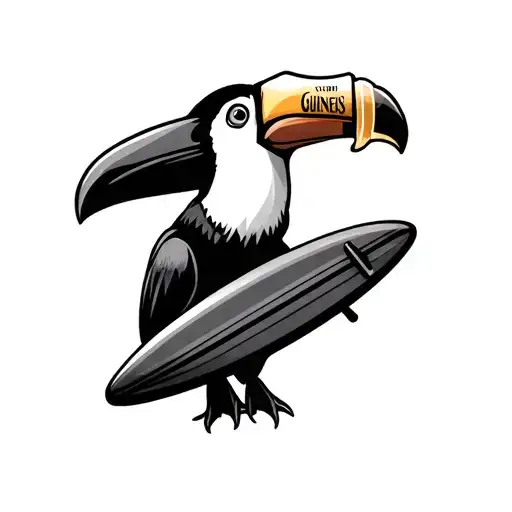 Guinness Toucan With Pint On His Nose And Holding A Surfboard