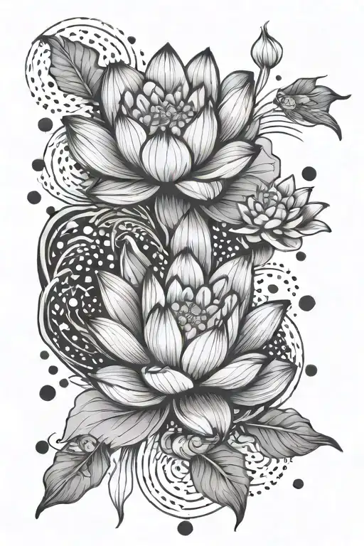 Lotus Flower Surrounded By Pisces Fish Swimming And Dots