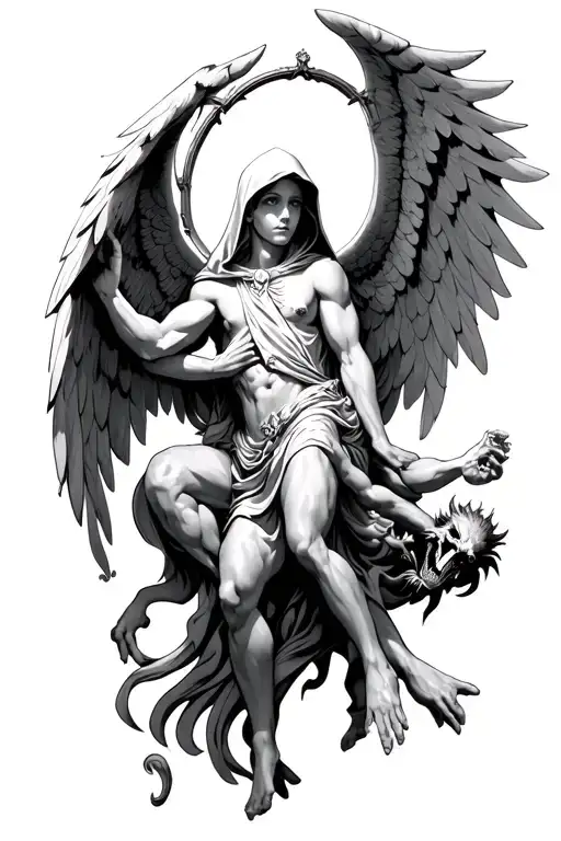 Hooded Arch Angel Defeating A Demon