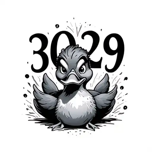 Numbers 3029 In Gothic Font Behind A Mischievous Looking Duck