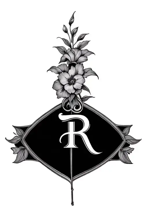 Men's Floral Tattoo With A Hidden Letter R For Stomach Or Side Of The Stomach