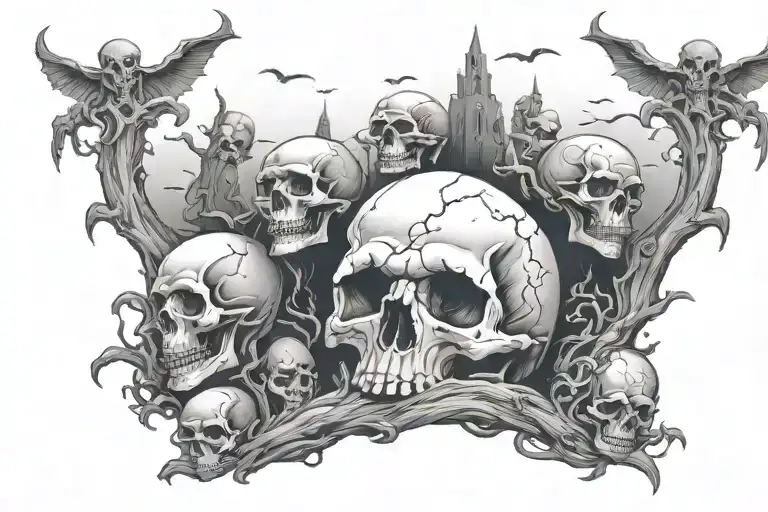 Graveyard Scene With Skulls And Demons