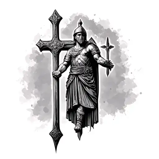 A Cross With A Roman Gladiator In It Faded