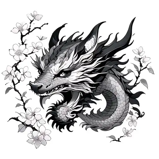 Traditional Dragon With Cherry Blossoms And Kitsune Mask