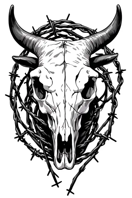 Longhorn Bull Skull Wrapped In Barbed Wire