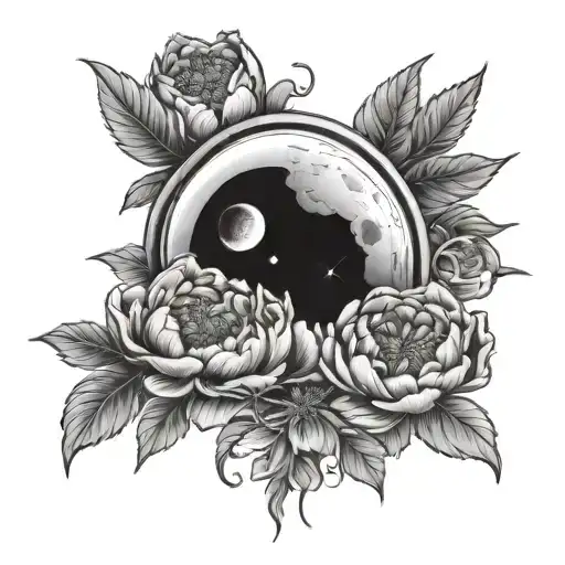 Peony And Cosmos Flowers With Moon And Saturn