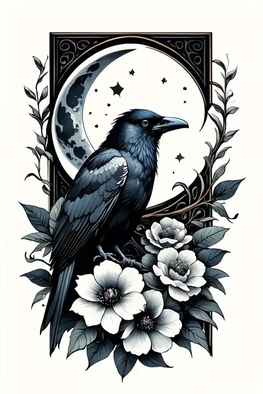 Raven With Flowers And A Moon