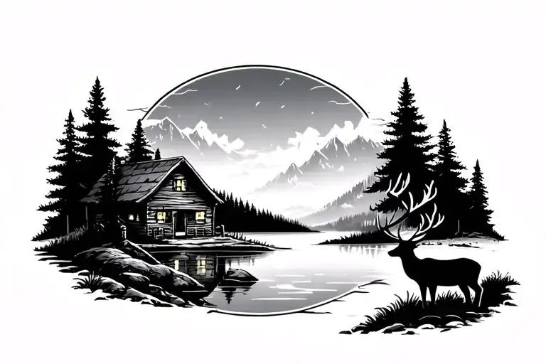 Outdoor Cabin Scenery With A Lake And Deer