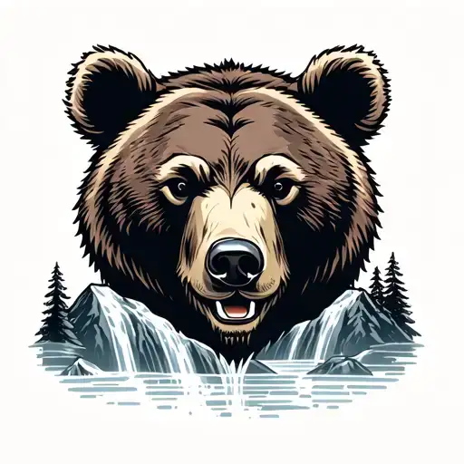 Bear And Scenic Mountain Range With Waterfall