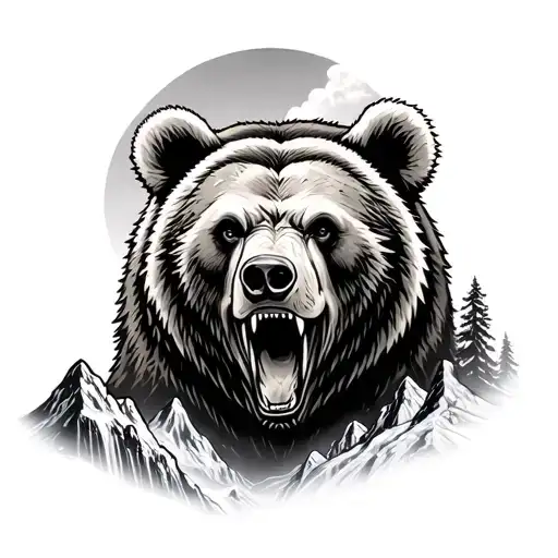 Ferocious Realistic Bear And Scenic Mountain Range With Waterfall