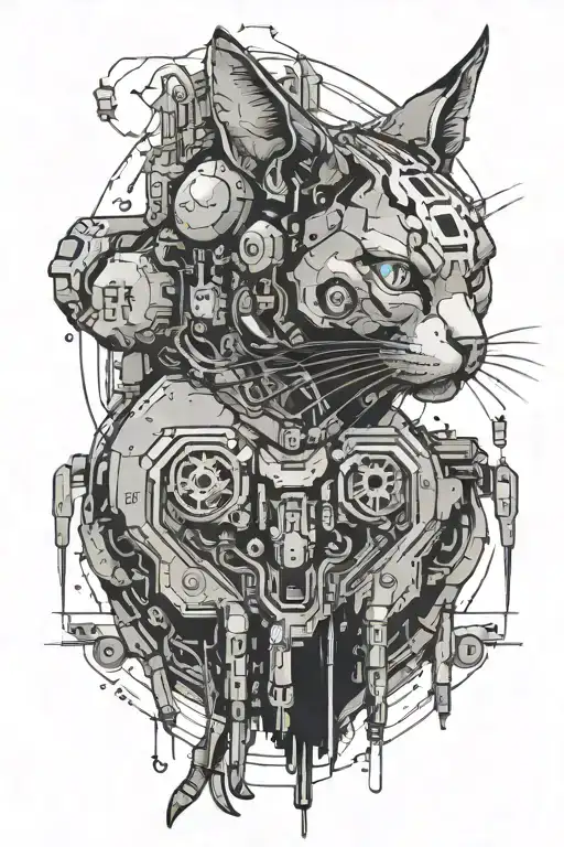 Cyberpunk Cat With Integrated Cybernetic Implants Reaching Upward Towards Something
