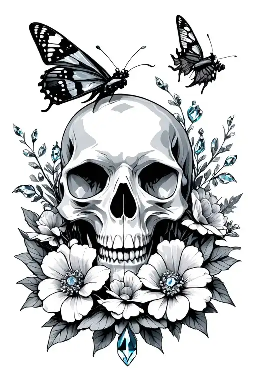 Animal Skull With Crystals Flowers And Moth Surrounded