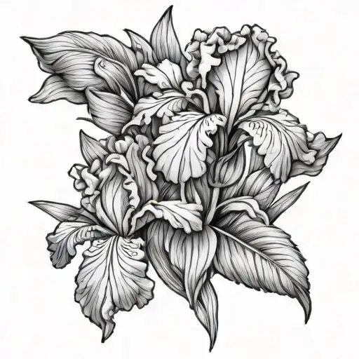 Iris And Marigold Flowers With Leaves
