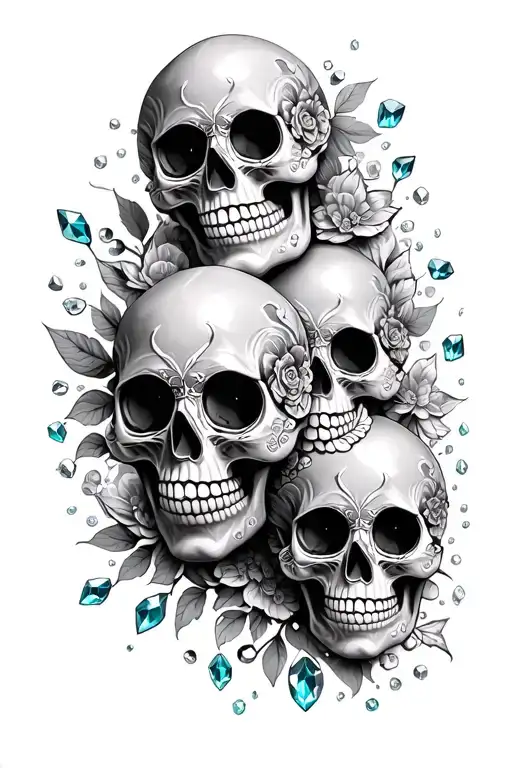 Three Sugar Skulls With Scattered Gems