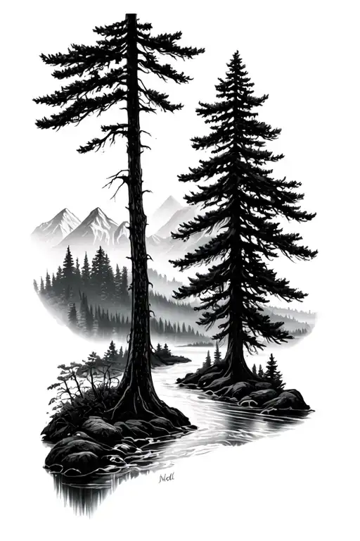 Pine Forrest Mountains Stream Flowing