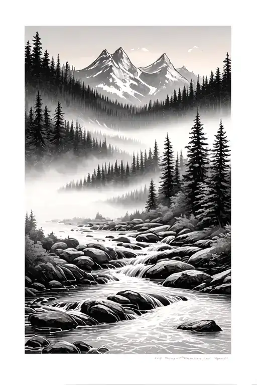 Pine Forrest Mountains Stream Flowing