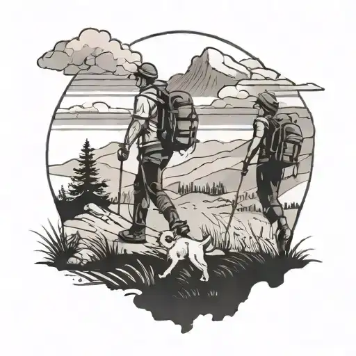 A Black And Grey Tattoo Of A Couple Hiking Together In The Countryside With Their Dog