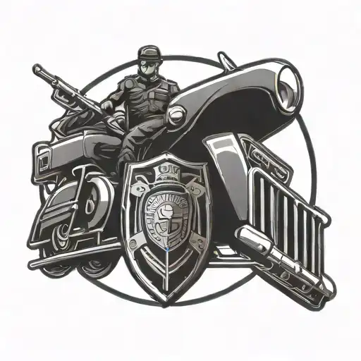 A Sleek Blackwork Tattoo Of A Police Badge Intertwined With A Speeding Car