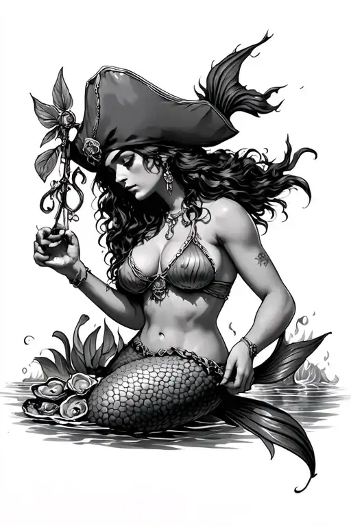 Big Breasted Pirate Mermaid Shucking Oysters
